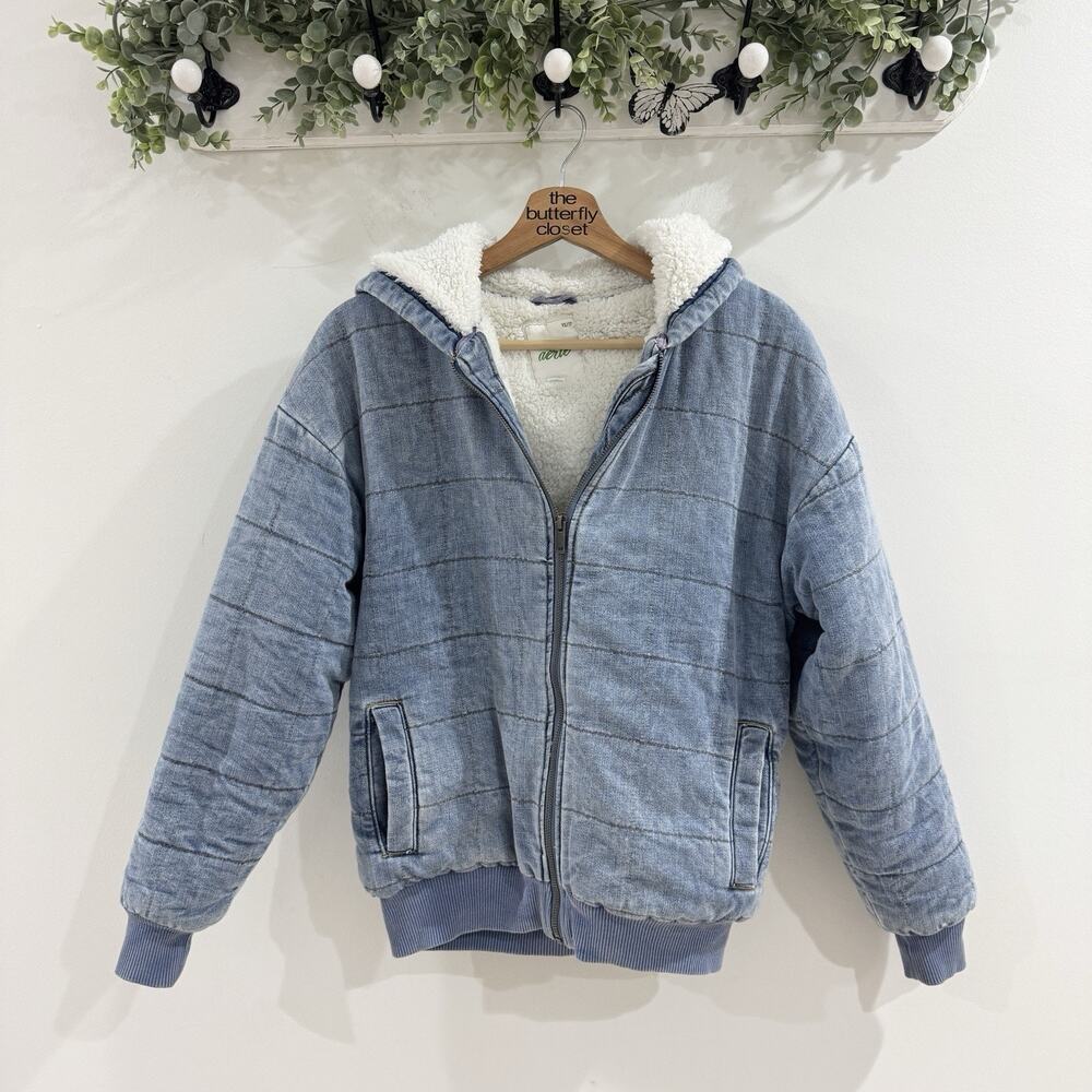 Aerie Sherpa Lining Denim Puffer Quilted Jacket XS